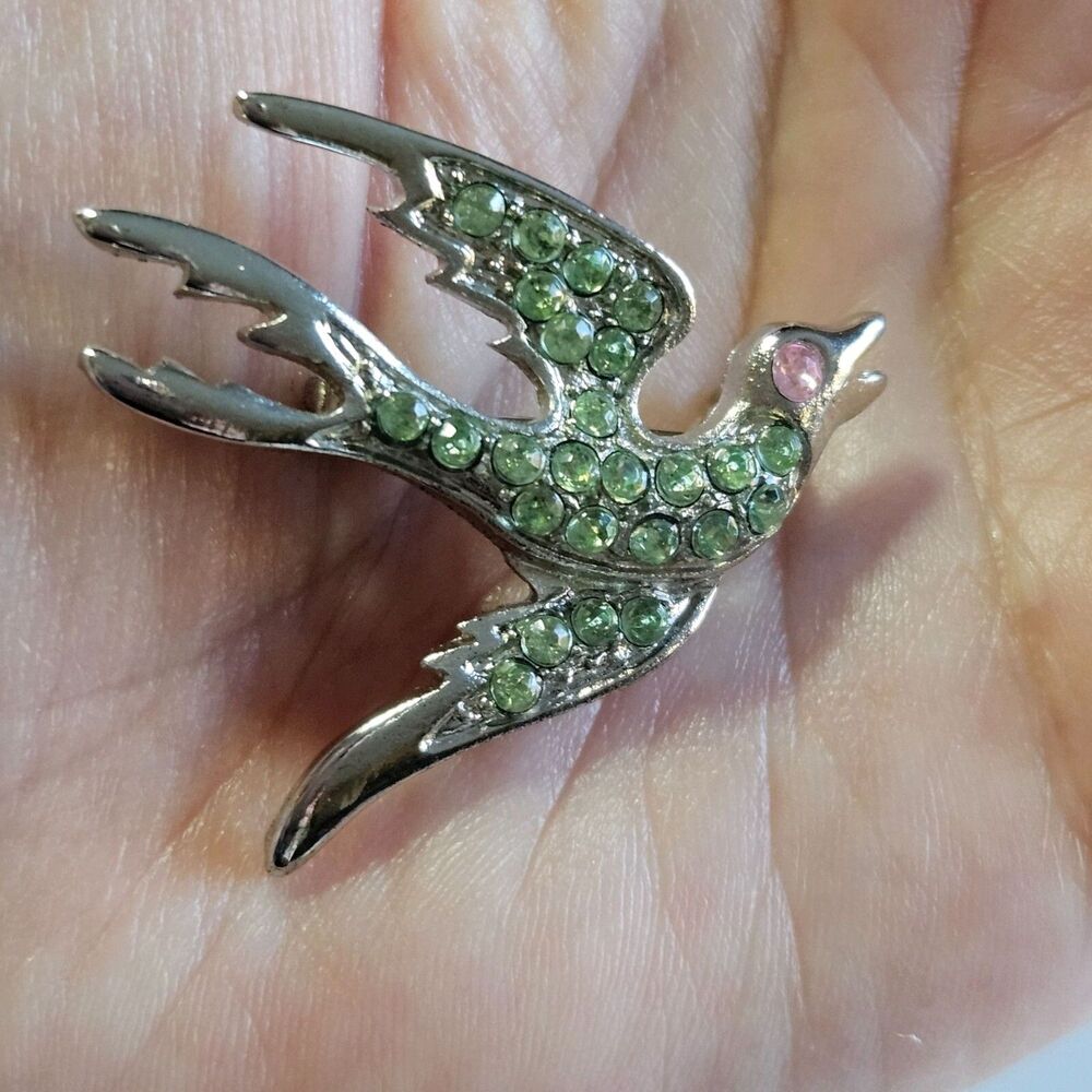 Vintage Silver Tone Bird Brooch Green Rhinestones Pink Rhinestone Eye